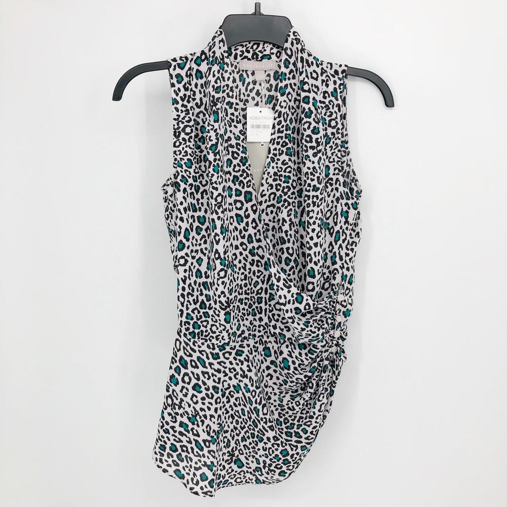 CHELSEA28 Sleeveless Blouse XXS White Black ICheetah Faux Wrap  NWT